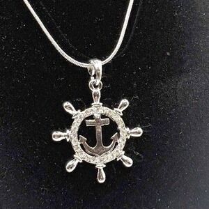 NWT Silver Tone Nautical Ship Wheel Rhinestone Pendant 17" Snake Chain Necklace